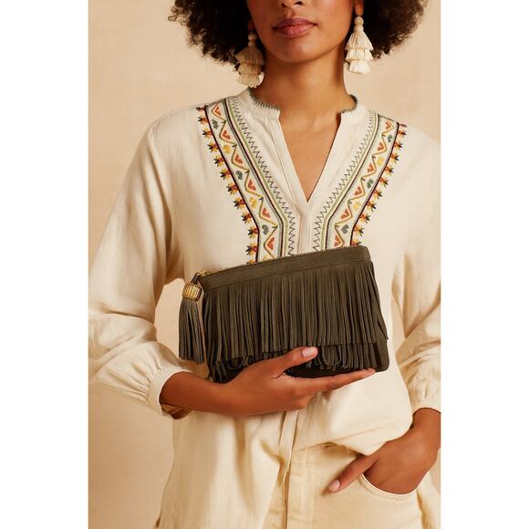 India Hicks Olive Green Suede Leather Western Style Fringed Clutch Purse - Picture 1 of 6